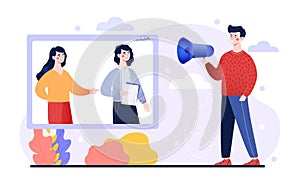 Male character is speaking into a megaphone for people online on white background