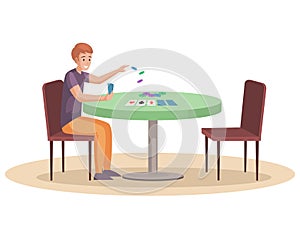 Male character spends time with poker alone. Man with playcards comes up with strategy for game