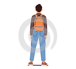 Male Character Strikes A Confident Pose With A Rucksack Snugly Strapped To His Back. Man With Shoulders Squared