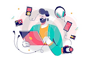 Male character surrounded with gadgets flat design