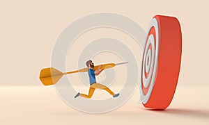 Male character throwing dart into a target. Business goals concept. 3D Rendering