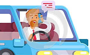 Male character in transport talking on phone. Bearded man driving vehicle and using smartphone
