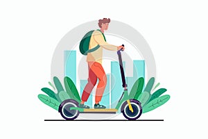 Male character travels on sustainable vehicle. Young man riding electric kick scooter