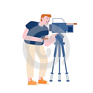 Male Character Videographer or Blogger Record Video Movie on Camera Isolated on White Background