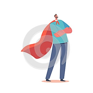 Male Character Wear Red Cloak Stand with Crossed Arms Isolated on White Background. Businessman or Father Super Hero