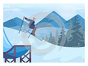 Male character wearing ski jumping from a trampoline. Skier performing