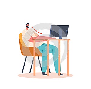 Male Character Wrong Sitting Position during Working at Computer. Man Sit at Table With Monitor, Spinal Curvature