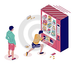 Male characters buying snacks from vending machine, flat vector isometric illustration. Snack food automatic machine