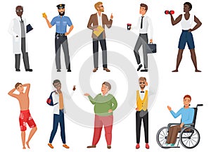 Male characters set, cartoon standing or walking man of different professions, age, nationality photo