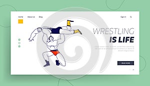 Male Characters Wrestling Fight Landing Page Template. Sportsman Holding Opponent above Head during Competition