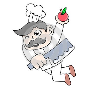 Male chef in action carrying a knife to cook cutting ingredients, doodle icon image kawaii