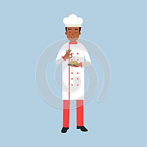 Male chef cook character in uniform sprinkling spices on a dish Illustration