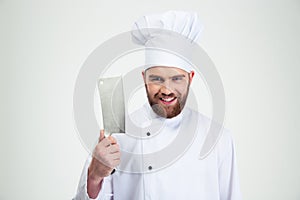 Male chef cook showing big knife cleaver