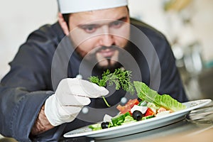 Male chef decorating salad food