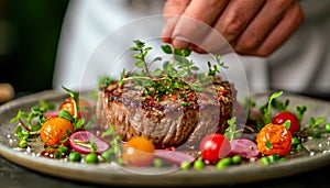 Male Chef Garnishing Gourmet Dish in Restaurant Kitchen photo