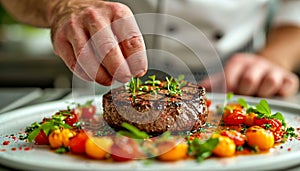 Male Chef Garnishing Gourmet Dish in Restaurant Kitchen
