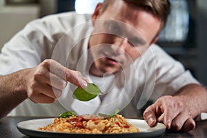 Male Chef Garnishing Plate Of Food In Professional Kitchen