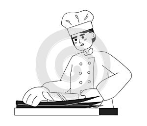 Male chef prepare food monochromatic flat vector character