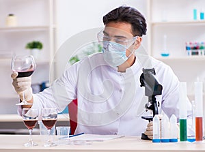 Male chemist examining wine samples at lab