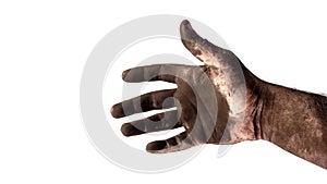 Male chimney sweep`s hand in black soot close up isolated on a white background.