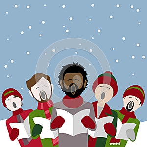 Male christmas carol singers in the snow