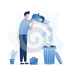 Male clerk throws letters into trash can. Funny businessman deletes spam or read mail from mailbox. File manager, deleting