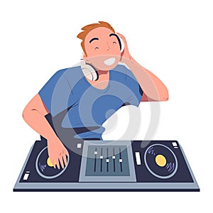 Male club DJ playing music at console mixer. Man musician in headphones mixing audio sounds on deck cartoon vector
