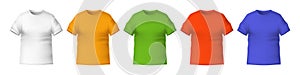 Male colored t shirts. Red green and blue front view t-shirt with short sleeve. Realistic mockup. Men and women clothes