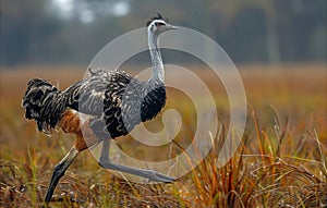 Male common crane is walking in the grass in the rain. A ostrich in the savannah