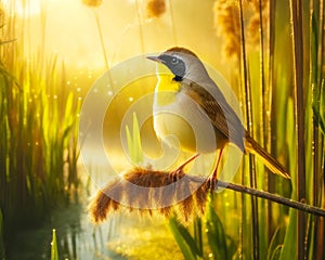 Male Common Yellowthroat Perched Marsh Bulrush Springtime Morning Sunrise Small Birds AI Generated