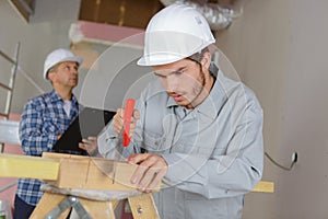 Male construction worker cutting wood with handsaw