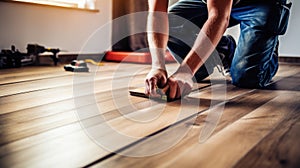 Male construction worker installing laminate timber flooring in new flat. Home renovation concept