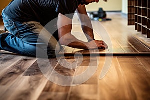 Male construction worker installing laminate timber flooring in new flat. Home renovation concept