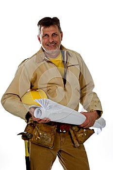 Male construction worker wearing a tool belt