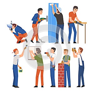 Male Construction Workers Doing Renovation at Home with Professional Equipment Set Vector Illustration on White