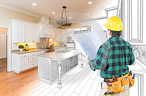 Male Contractor with Hard Hat and Plans Looking At Custom Kitchen