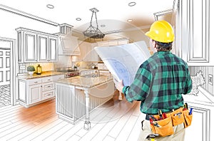 Male Contractor with Hard Hat and Plans Looks At Custom Kitchen