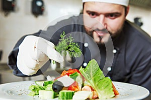 male cook chef decorating prepared salad food