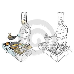 Male cook preparing delicious French fries at a restaurant vector illustration sketch doodle hand drawn with black lines isolated