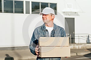 Male courier in the blue costume and a cap taking out mail carton boxes from the white van on the sunny day in the street. Outdoor photo