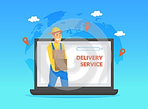 Male Courier Delivering Parcel Box through Computer Screen, Online Delivery Service, E-commerce Concept Vector