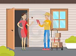 Male Courier Delivering Parcel Boxes to Woman Customer at Home, Delivery Service Concept Vector Illustration