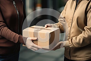 A male courier hands a package box. Connection between businesses and customers, embodying the reliability crucial for a smooth