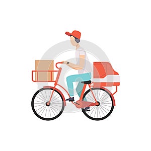 Male courier riding bicycle with cardboard boxes, fast shipping concept vector Illustration on a white background