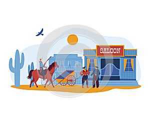Male cowboy on horseback, wild west salon, desert village house, traditional city bar, design cartoon style vector