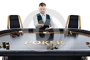 Male croupier at the poker table, poker room. Poker game, casino, Texas hold`em, online game, card games. Modern design, magazine