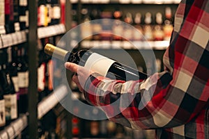 A male customer holding a bottle of red wine, close up.