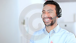 Male customer service representative giving advice to people and helping them with IT support. Closeup of the face of a