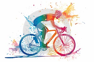 A male cyclist road racer, ebike rider or mountain biker shown in a colourful contemporary athletic abstract design