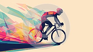 A male cyclist road racer, ebike rider or mountain biker shown in a colourful contemporary athletic abstract design